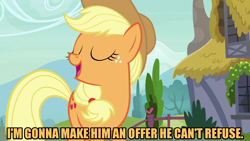 Size: 1280x720 | Tagged: safe, edit, edited screencap, editor:jaredking203, imported from derpibooru, screencap, applejack, earth pony, pony, honest apple, an offer you can't refuse, caption, female, image macro, mare, meme, movie reference, solo, text, the godfather