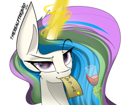 Size: 2336x1982 | Tagged: safe, artist:therealf1rebird, imported from derpibooru, princess celestia, alicorn, pony, alcohol, bedroom eyes, bronybait, bust, cute, cutelestia, eye, eyelashes, eyes, female, head, horn, join me, magic, mane, mare, mouth hold, portrait, solo, sternocleidomastoid, wine, wineglass