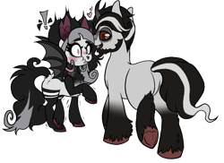 Size: 743x542 | Tagged: safe, artist:angei-bites, imported from derpibooru, oc, oc:angel bites, oc:ghost, bat pony, pony, unicorn, blushing, female, male, mare, simple background, stallion, transparent background