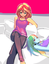 Size: 1195x1574 | Tagged: safe, artist:ceitama, imported from derpibooru, rainbow dash, sunset shimmer, equestria girls, bed, bedroom eyes, crossed legs, duo, female, laying on bed, looking at you, lying on bed, on back, on bed, sitting