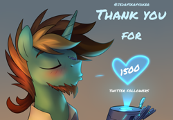 Size: 2805x1943 | Tagged: safe, artist:jedayskayvoker, imported from derpibooru, oc, oc:glow speed, alicorn, alicorn oc, anniversary, eyes closed, facial hair, horn, meta, text, twitter, wings