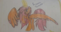 Size: 1360x709 | Tagged: artist needed, source needed, safe, imported from derpibooru, scootaloo, alicorn, pony, alicornified, happy, large wings, older, older scootaloo, one hoof raised, pencil drawing, photo, princess scootaloo, race swap, raised hoof, scootacorn, traditional art, wings