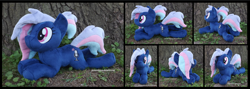 Size: 4920x1754 | Tagged: safe, artist:peruserofpieces, imported from derpibooru, oc, oc:bit rate, earth pony, pony, beanie (plushie), earth pony oc, female, looking at you, mare, photo, plushie, ponytail, prone, smiling, solo, tree