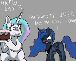 Size: 1000x800 | Tagged: safe, artist:zeronixma, derpibooru exclusive, imported from derpibooru, princess celestia, princess luna, alicorn, pony, angry, atg 2020, cake, cakelestia, celestia is not amused, cross-popping veins, dialogue, ethereal mane, eye clipping through hair, female, food, mare, newbie artist training grounds, royal sisters, siblings, simple background, sisters, starry mane, unamused