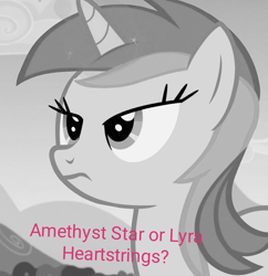 Size: 1046x1080 | Tagged: safe, edit, edited screencap, imported from derpibooru, screencap, amethyst star, lyra heartstrings, sparkler, pony, unicorn, cropped, female, grayscale, mare, monochrome, solo, text