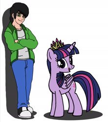 Size: 1453x1646 | Tagged: safe, artist:jmantheangel, imported from derpibooru, twilight sparkle, oc, oc:j-man, alicorn, human, crown, female, happy, hasbro, human male, jewelry, male, original character do not steal, regalia, smiley face, smiling, twilight sparkle (alicorn)