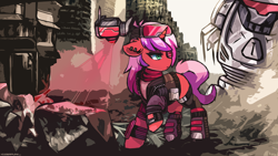 Size: 1920x1080 | Tagged: safe, artist:ciderpunk, imported from derpibooru, oc, robot, aftermath, boots, city, clothes, cyberpunk, giant robot, shoes