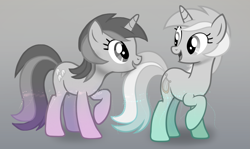 Size: 2651x1584 | Tagged: safe, artist:cloudy glow, artist:cloudyglow, artist:moongazeponies, editor:xbi, imported from derpibooru, amethyst star, lyra heartstrings, sparkler, pony, unicorn, awwmethyst star, cute, duo, female, gradient background, looking at each other, lyrabetes, mare, partial color, show accurate, similarities