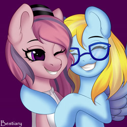 Size: 2892x2892 | Tagged: safe, alternate version, artist:bestiary, imported from derpibooru, oc, oc only, oc:cloud cuddler, oc:sweet haze, earth pony, pegasus, pony, commission, cute, eyes closed, female, femboy, glasses, hat, hug, male, one eye closed, shipping, smiling, teeth, ych result