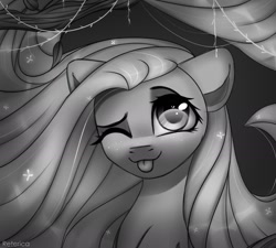 Size: 1669x1500 | Tagged: safe, artist:radioaxi, artist:reterica, imported from derpibooru, fluttershy, pegasus, pony, bust, female, grayscale, happy, leaf, looking at you, mare, monochrome, noir, one eye closed, smiling, solo, tongue out, tree, wink