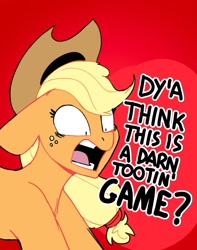 Size: 1280x1621 | Tagged: safe, artist:tallaferroxiv, imported from derpibooru, applejack, earth pony, pony, atg 2020, female, mare, newbie artist training grounds, question, rage, red background, simple background, solo, yelling