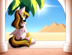 Size: 5241x4001 | Tagged: safe, artist:airiniblock, imported from derpibooru, oc, oc only, oc:tulpa twilight, unnamed oc, pegasus, pony, desert, ear piercing, earring, egyptian, egyptian pony, female, gold, jewelry, looking at you, looking back, piercing, pyramid, rcf community, sitting, solo