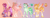 Size: 2610x965 | Tagged: safe, artist:bunnari, imported from derpibooru, oc, oc:chevalier rose, oc:fleur d'miel, oc:peach gloss, oc:wintergreen pomme, alicorn, earth pony, pegasus, pony, unicorn, female, hat, magical lesbian spawn, male, mare, offspring, parent:applejack, parent:fleur-de-lis, stallion, transgender
