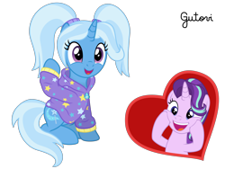 Size: 3334x2501 | Tagged: safe, artist:gutovi, imported from derpibooru, starlight glimmer, trixie, pony, unicorn, alternate hairstyle, babysitter trixie, clothes, cute, diatrixes, female, gameloft interpretation, hoodie, lesbian, pigtails, shipping, show accurate, simple background, startrix, transparent background, twintails, vector