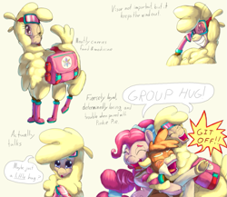 Size: 1011x879 | Tagged: safe, artist:firefanatic, imported from derpibooru, arizona cow, paprika paca, pinkie pie, alpaca, cow, earth pony, pony, them's fightin' herds, alternate design, alternate hairstyle, alternate mane style, arizona (tfh), bag, blushing, boots, bow, calf, embarrassed, goggles, group hug, hair tie, hug, indignant, paprika (tfh), paprika can talk, saddle bag, shoes