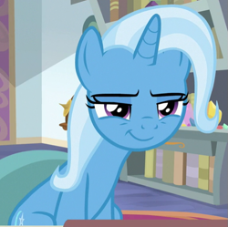 Size: 573x571 | Tagged: safe, imported from derpibooru, screencap, trixie, pony, unicorn, a horse shoe-in, cropped, female, mare, narrowed eyes, smiling, smirk, solo