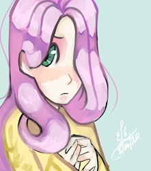 Size: 1280x1451 | Tagged: safe, artist:pingukasane, imported from derpibooru, fluttershy, human, bust, female, hair over one eye, hands together, humanized, looking at you, portrait, solo, three quarter view