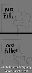 Size: 439x1000 | Tagged: safe, artist:anonymous, imported from derpibooru, oc, oc only, oc:filly anon, earth pony, pony, /mlp/, 4chan, arthur, caption, drawthread, female, filly, illiterate, meme, monochrome, ponified, ponified meme, solo, text