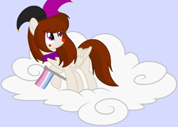 Size: 1878x1347 | Tagged: safe, artist:circuspaparazzi5678, imported from derpibooru, oc, oc only, oc:april fools, pegasus, pony, april fools pony, base used, bigender, bigender pride flag, clown nose, hat, jester hat, jester pony, pride, pride flag, pride month, red nose, solo