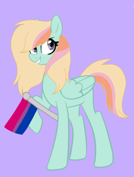 Size: 1660x2180 | Tagged: safe, artist:circuspaparazzi5678, imported from derpibooru, oc, oc only, oc:rainboom, pegasus, pony, base used, bisexual, bisexual pride flag, female, magical lesbian spawn, next generation, offspring, parent:fluttershy, parent:rainbow dash, parents:flutterdash, pride, pride flag, pride month, purple background, simple background, solo