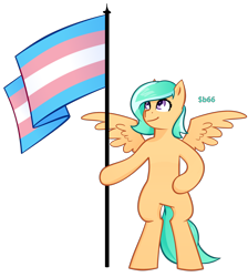 Size: 1730x1930 | Tagged: safe, artist:$b66, imported from derpibooru, oc, oc only, oc:mango foalix, pegasus, pony, arm hooves, bipedal, female, flag, flag pole, flagpole, mare, pride, pride flag, solo, transgender pride flag