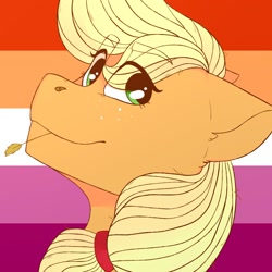 Size: 1024x1024 | Tagged: safe, artist:jayliedoodle, imported from derpibooru, applejack, earth pony, pony, bust, female, food, lesbian pride flag, looking at you, pride, pride flag, solo, wheat