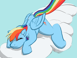 Size: 1280x960 | Tagged: safe, artist:frostclaw, imported from derpibooru, rainbow dash, pony, atg 2020, backwards cutie mark, cloud, cute, dashabetes, newbie artist training grounds, on a cloud, sleeping, sleeping on a cloud, sleeping on cloud