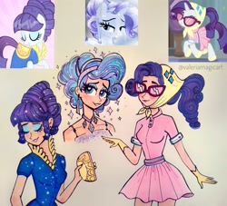 Size: 2097x1906 | Tagged: safe, artist:valeriamagicart, imported from derpibooru, rarity, human, unicorn, alternate hairstyle, camping outfit, clothes, humanized, screencap reference, sleeveless, sunglasses, traditional art