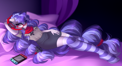 Size: 4920x2696 | Tagged: safe, artist:airiniblock, imported from derpibooru, oc, oc only, oc:cinnabyte, anthro, earth pony, unguligrade anthro, absurd resolution, bed, bedroom, clothes, commission, female, gamer, glasses, headset, nintendo switch, pigtails, pillow, rcf community, skirt, socks, solo, striped socks