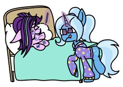 Size: 1880x1332 | Tagged: safe, artist:rainbowbacon, imported from derpibooru, starlight glimmer, trixie, pony, unicorn, alternate hairstyle, babysitter trixie, bed, clothes, face doodle, hoodie, levitation, magic, marker, pillow, telekinesis