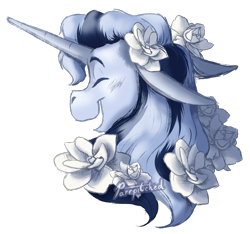 Size: 952x891 | Tagged: safe, artist:parrpitched, imported from derpibooru, oc, oc:soulful sonata, pony, unicorn, bust, flower, male, offspring, parent:neon lights, parent:oc:aria cappella, parents:canon x oc, portrait, simple background, solo, stallion, transparent background