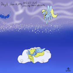 Size: 2000x2000 | Tagged: safe, artist:barhandar, imported from derpibooru, princess luna, oc, oc:windswept skies, pegasus, pony, atg 2020, charm, cloud, collar, dream realm, dream walker, dream walker luna, dreamscape, ear flick, ear twitch, male, newbie artist training grounds, night, offscreen character, signature, sleeping, solo, stallion, stars, unshorn fetlocks, wings