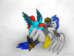 Size: 3968x2976 | Tagged: source needed, safe, artist:azomix44, imported from derpibooru, oc, oc only, oc:jasper splash, oc:messier, oc:yutaka deo, hippogriff, banana wings, petting, pinned down