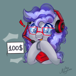 Size: 1000x1000 | Tagged: safe, artist:amidnighters, artist:ariamidnighters, imported from derpibooru, oc, oc only, oc:cinnabyte, adorkable, bandana, bits, cinnabetes, commission, cute, donation, dork, frog (hoof), gaming headset, headphones, headset, hooves together, icon, money, smiling, underhoof