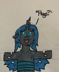 Size: 1062x1280 | Tagged: safe, artist:whistle blossom, imported from derpibooru, queen chrysalis, changeling, changeling queen, nymph, chibi, cute, cutealis, female, hug request, hugs?, looking at you, mare, marker drawing, simple background, smiling, smiling at you, solo, talking to viewer, traditional art, white background