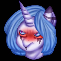 Size: 1472x1472 | Tagged: safe, artist:tosh03x, imported from derpibooru, oc, unicorn, angry, art, black background, blushing, bust, portrait, simple background