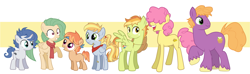 Size: 3977x1173 | Tagged: safe, artist:laescbr, imported from derpibooru, li'l cheese, little mac, oc, oc:agate, oc:applejoy, oc:cider splash, oc:florence, oc:zap apple, earth pony, pegasus, unicorn, the last problem, bandage, bandana, big sugar, bruised, clothes, cowboy hat, earth pony oc, female, freckles, half-siblings, hat, horn, magical lesbian spawn, male, next generation, offspring, older li'l cheese, older little mac, parent:applejack, parent:fancypants, parent:fluttershy, parent:rainbow dash, parent:rarity, parents:appledash, parents:flarity, parents:raripants, pegasus oc, scarf, siblings, simple background, stetson, unicorn oc, wings