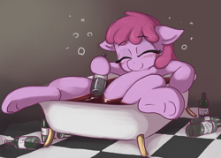 Size: 1738x1247 | Tagged: safe, artist:t72b, derpibooru exclusive, imported from derpibooru, berry punch, berryshine, earth pony, pony, alcohol, atg 2020, bath, bathing, bathtub, claw foot bathtub, drunk, female, go home you're drunk, newbie artist training grounds, on back, sleeping, smiling, solo, wine