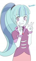 Size: 1089x1830 | Tagged: safe, artist:auntie_grub, imported from derpibooru, sonata dusk, equestria girls, rainbow rocks, blushing, cute, female, looking at you, peace sign, simple background, smiling, solo, sonatabetes, white background