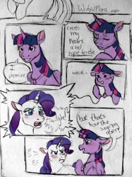 Size: 831x1112 | Tagged: safe, artist:wishfulflora, imported from derpibooru, rarity, twilight sparkle, alicorn, pony, unicorn, fanfic:the enchanted kingdom, comic, dialogue, fanfic art, female, jewelry, lesbian, necklace, puffy cheeks, rarilight, scene interpretation, shipping, solo, twilight sparkle (alicorn)