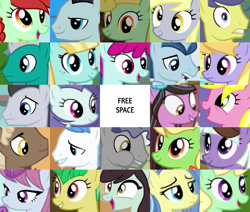 Size: 1235x1045 | Tagged: safe, edit, edited screencap, editor:jaredking203, imported from derpibooru, screencap, apple honey, apple munchies, apple tarty, appointed rounds, bruce mane, buddy, candy apples, cloud kicker, cloverbelle, comet tail, derpy hooves, fruit pack, golden grove, helia, lavender sunrise, lily love, lipstick vanity, lucky clover, orion, polo play, ruby splash, sealed scroll, shooting star (character), sprout greenhoof, star bright, sunshine smiles, sunshower, wintergreen, earth pony, pegasus, pony, unicorn, apple family member, aweeg*, background pony, bingo, female, las pegasus resident, male, mare, puffy cheeks, stallion