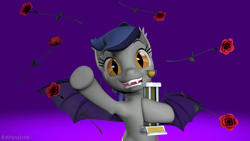 Size: 1280x720 | Tagged: safe, artist:batponyecho, imported from derpibooru, oc, oc only, oc:echo, bat pony, pony, 3d, bat pony oc, bat wings, cheering, delighted, fangs, female, flower, happy, looking at you, love, pleased, rose, smiling at you, solo, source filmmaker, spread wings, trophy, waving, wings