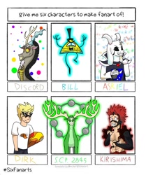 Size: 1024x1223 | Tagged: safe, artist:aleksabg, imported from derpibooru, discord, anthro, draconequus, goat, human, six fanarts, antlers, asriel dreemurr, bill cipher, bowtie, clothes, crossover, dirk strider, eijirou kirishima, gravity falls, hat, homestuck, male, my hero academia, scp foundation, skateboard, sunglasses, top hat, undertale