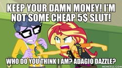 Size: 600x337 | Tagged: safe, edit, edited screencap, imported from derpibooru, screencap, microchips, sunset shimmer, equestria girls, equestria girls series, forgotten friendship, angry, caption, geode of empathy, image macro, magical geodes, memeful.com, text, vulgar