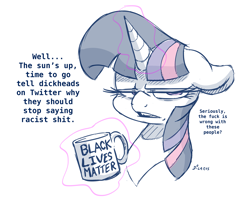 Size: 3201x2589 | Tagged: safe, artist:dilarus, deleted from derpibooru, imported from derpibooru, twilight sparkle, alicorn, pony, black lives matter, comments locked down, digital art, female, floppy ears, magic, mare, meta, mouthpiece, out of character, politics, signature, simple background, solo, telekinesis, twilight is not amused, twilight sparkle is not amused, twitter, unamused, vulgar, white background