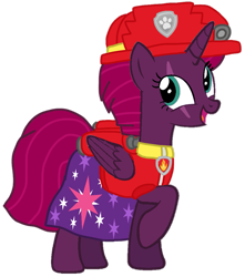 Size: 911x1030 | Tagged: safe, artist:徐詩珮, imported from derpibooru, fizzlepop berrytwist, tempest shadow, alicorn, pony, series:sprglitemplight diary, series:sprglitemplight life jacket days, series:springshadowdrops diary, series:springshadowdrops life jacket days, alicornified, alternate universe, base used, clothes, cute, marshall (paw patrol), paw patrol, race swap, simple background, tempesticorn, transparent background