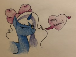 Size: 2535x1892 | Tagged: safe, artist:warriorofthesouth, imported from derpibooru, oc, oc:fleurbelle, alicorn, adorabelle, alicorn oc, bow, cute, female, hair bow, heart, horn, mare, one eye closed, speech bubble, traditional art, wings, wink, winking at you, yellow eyes