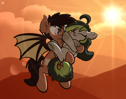 Size: 3250x2560 | Tagged: safe, artist:kimjoman, artist:php142, imported from derpibooru, oc, oc only, oc:bree jetpaw, oc:lonestar, bat pony, dog, dog pony, pony, boop, commission, cute, female, hill, holding a pony, male, mare, mountain, outdoors, stallion, sunset