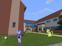Size: 2048x1536 | Tagged: safe, artist:eugenebrony, artist:punzil504, artist:topsangtheman, imported from derpibooru, apple fritter, princess luna, earth pony, pony, equestria girls, apple family member, daisy (flower), house, looking at you, minecraft, photoshopped into minecraft, tree
