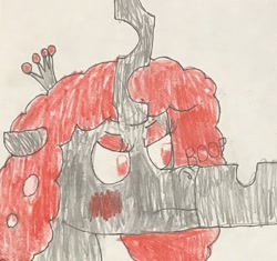 Size: 1280x1201 | Tagged: safe, artist:whistle blossom, imported from derpibooru, oc, oc:queen anthill, changeling, changeling queen, angry, boop, changeling oc, changeling queen oc, crown, cute, female, frown, jewelry, madorable, mare, red changeling, regalia, simple background, solo, text, traditional art, white background
